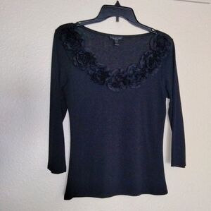 Forever Fashion Brand Sweater Appliqué Flower Scoop Neck Black Size M
